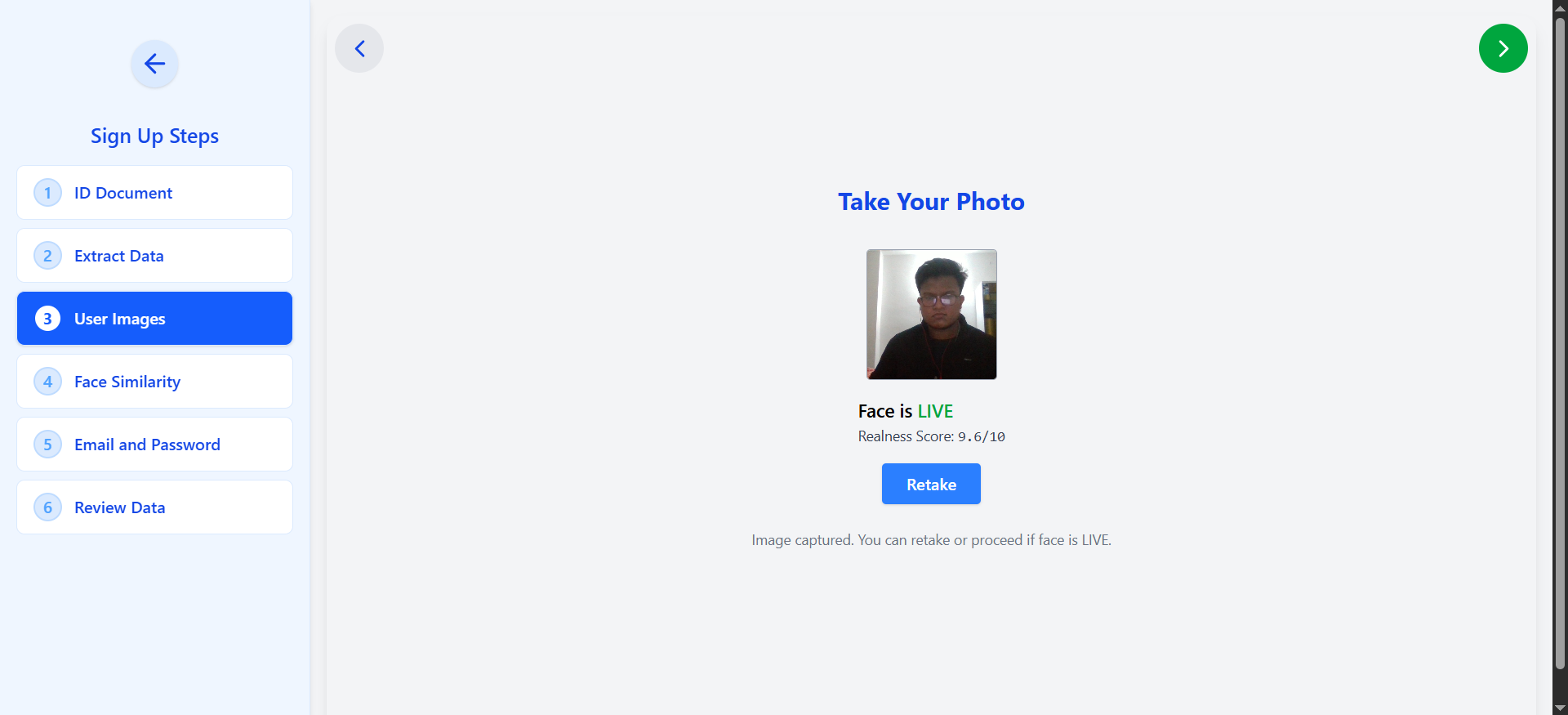 Sign-up step 3 — live capture & liveness